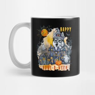 Siberian Husky Happy Howl-o-ween Ghost Houses Funny Watercolor Mug